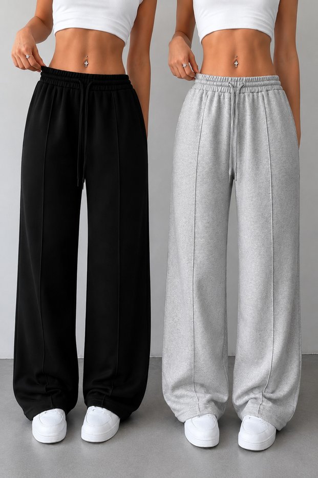 Sweatpants 2 Pieces Black Gray Wide Leg Comfortable Fit Ironed Stripes on the Front