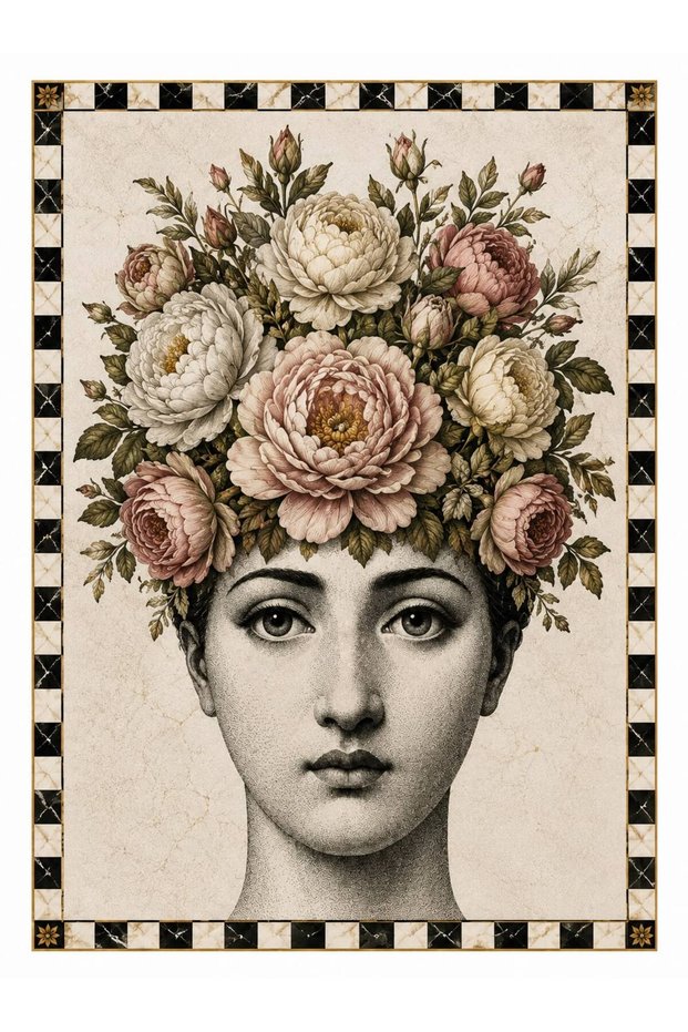 Eta Flower Women's Portrait Patterned Modern Woven Base Decorative Carpet Eta4099