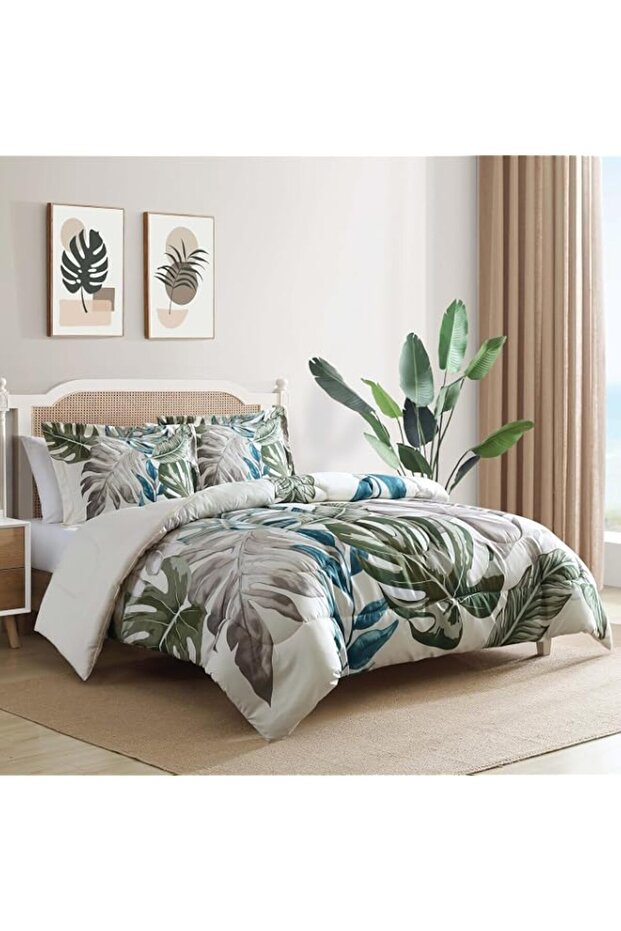 Caribbean Joe Full/Queen 3-Piece Comforter Set, Tropical Coastal Beach Design Bedding, Palm Leaves