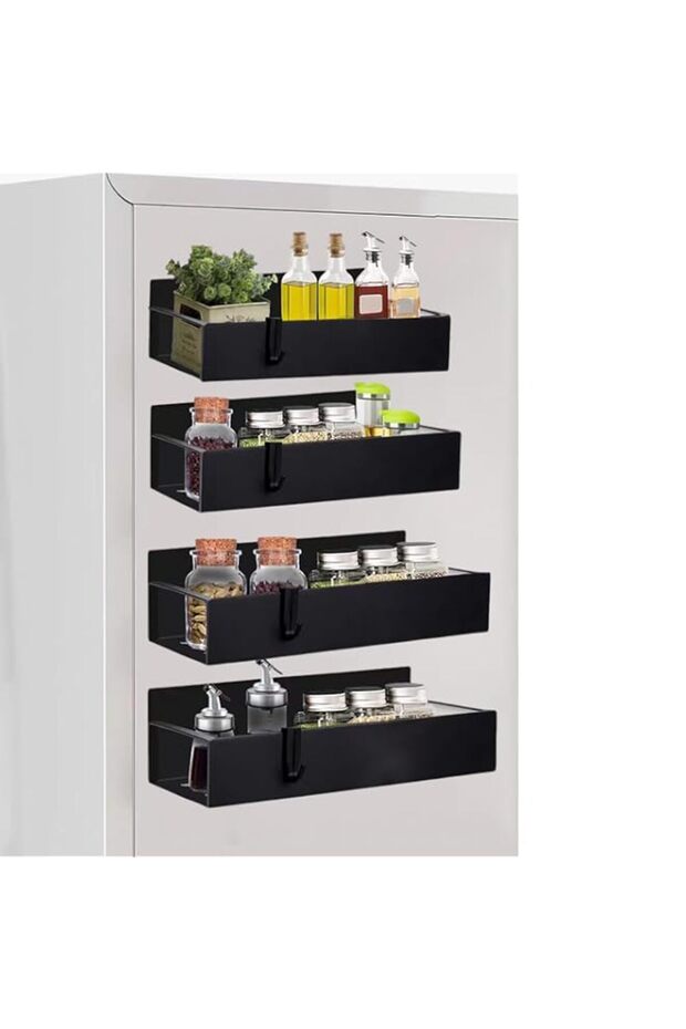 Spice Storage Rack, 4 Pack Magnetic Spices Shelf with 4 Hooks for Cabinet & Fridge, Magnet Pantry Stand Holder for Refrigerator, Oven, Wall and Bathroom, Kitchen Organizer, (Black)