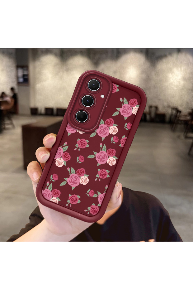 Samsung Galaxy A55 Compatible Case Camera Protective Floral Pattern Maroon Lover Couple Silicone Phone Case