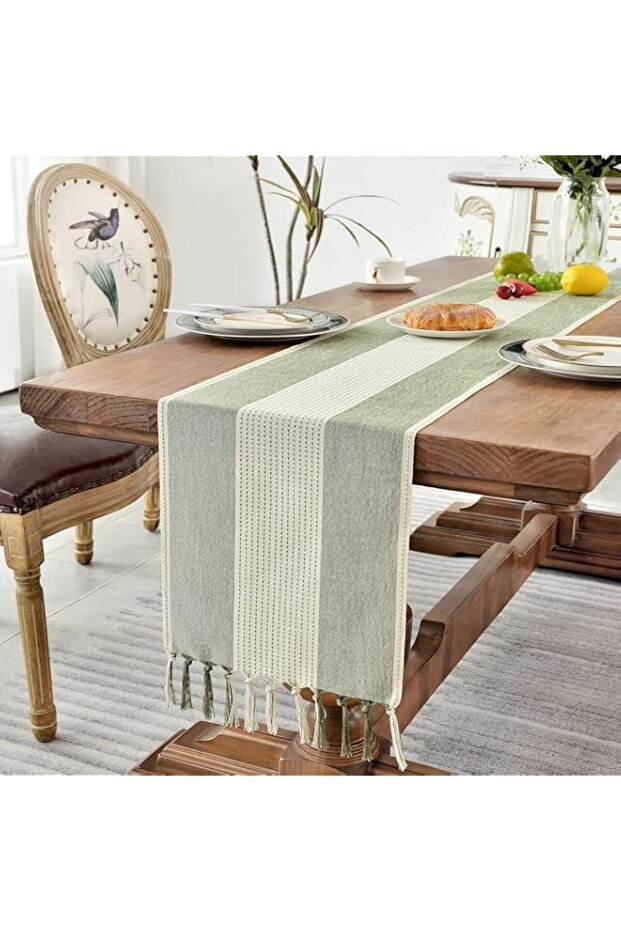 Linen Table Runner, Boho Handmade Tassel Embroidered Small Table Runners 72 Inches, Sage Green Boho Table Runner Rustic Home Decor