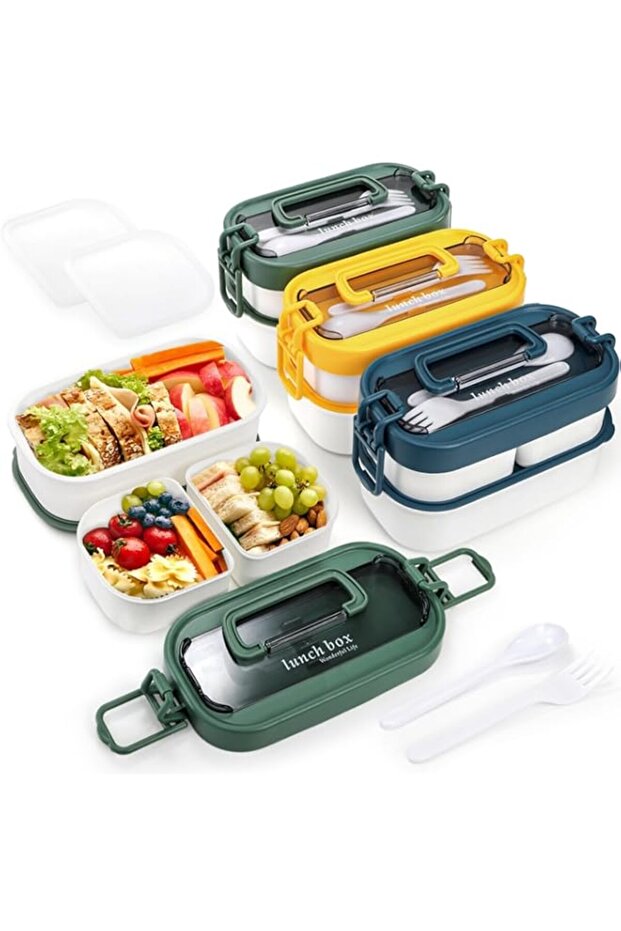 3Pcs Stackable Bento Box, Leakproof Lunch Boxs with Spoon Fork, 3 Compartments Food Storage Containers with Handle, Portable Snack Boxs Container for Dinner out Work, Microwave Dishwasher Safe