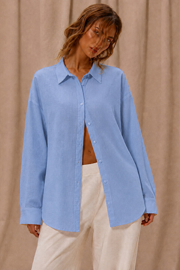 Breathable Regular Muslin Fabric Long Sleeve Collared Men's Shirt - Blue