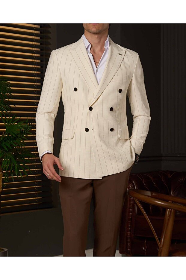 Slim Fit Men's Pointed Collar Double-Breasted Jacket and Trousers Combination Suit Ecru T20135-05