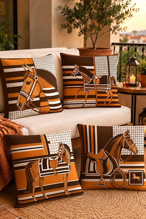 Coffee Tone Horses Patterned 4-Piece Throw Pillow Cover Set