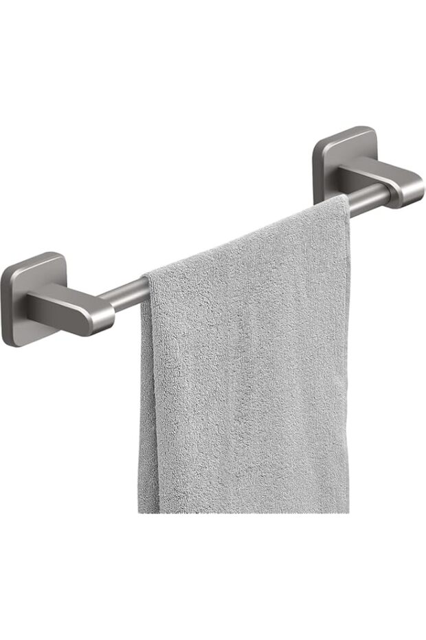 Hand Towel Tower Rail, Self Adhesive Wall Mounted Tower Rack, No Drill Single Towel Bar and Dish Cloth Hanger for Bathroom and Kitchen, Space Saving Organizer for Home Use (40cm,Silver Grey)
