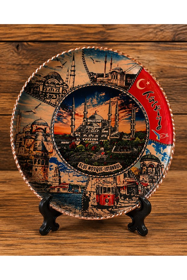 25 cm large size istanbul themed copper coffee presentation tray and decorative plate - handcrafted