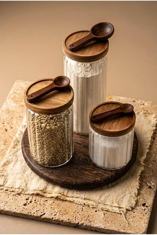 Set of 3 Striped Glass Jars with Wooden Stands 500-700-1000 ml - Acacia Vacuum Lid with Spoon