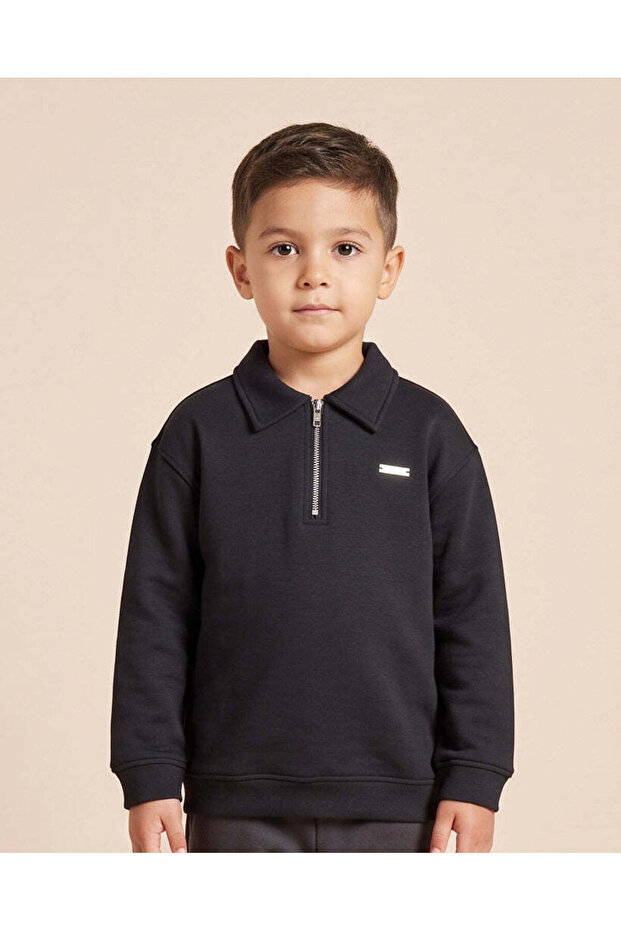 Boys Black Zipper Polo T-Shirt