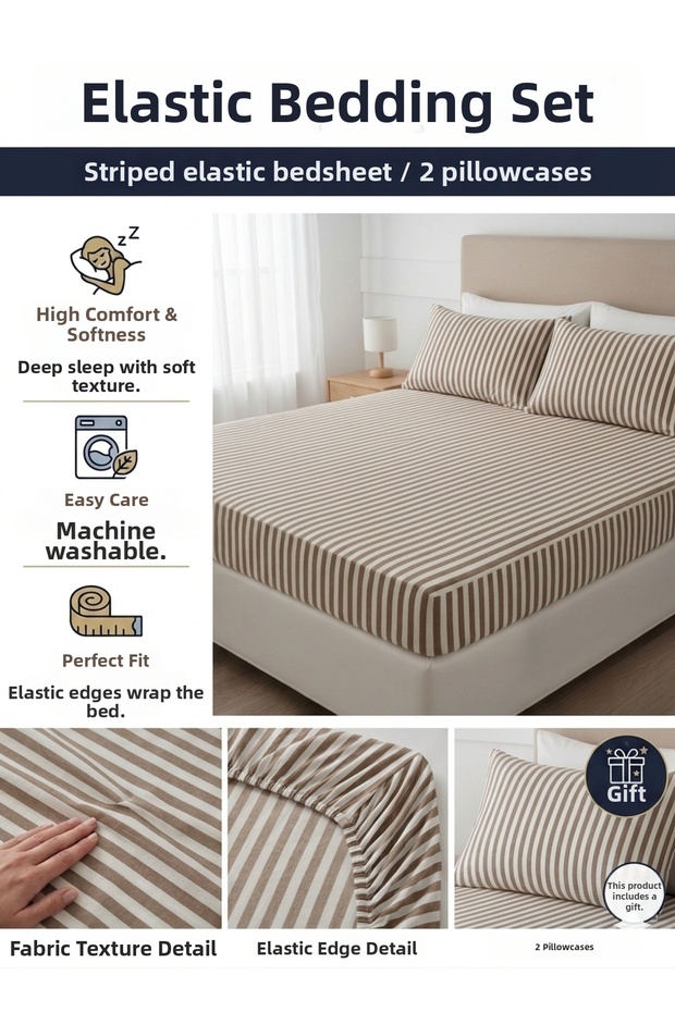 160X200Cm Striped Double Cotton Fitted Sheet (Pillowcase 50X70Cm with Gift)