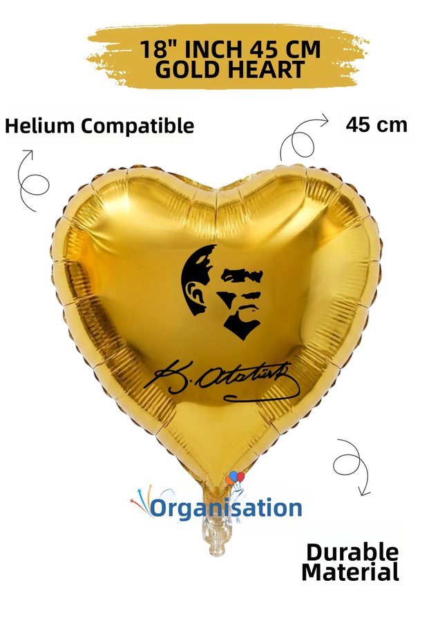 18 Inch Gold Heart Foil Balloon | Ataturk Printed | Ataturk's Signature | Helium Compatible