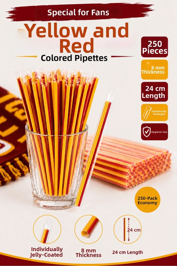 Yellow Red Colored Straws 250 Pieces 8 mm 24 cm Gelatinized Individually Packaged Yellow Red Straws
