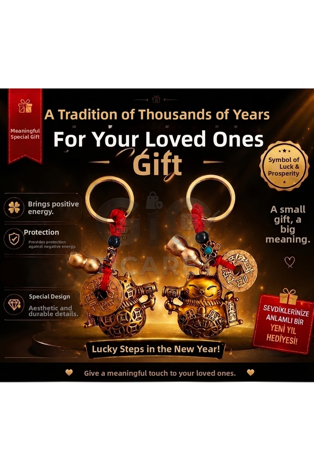 Lucky Cat Maneki Neko Golden Color Abundance Keychain - Authentic Concept Gift with Natural Stone Detail