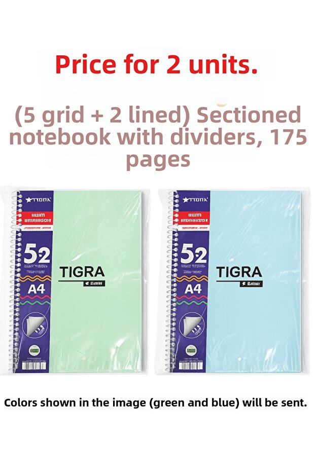 2 Pcs 175 Page Sectioned Notebook 5+2 Sections 5 Squares 2 Lines Plastic Cover Plastic Spiral