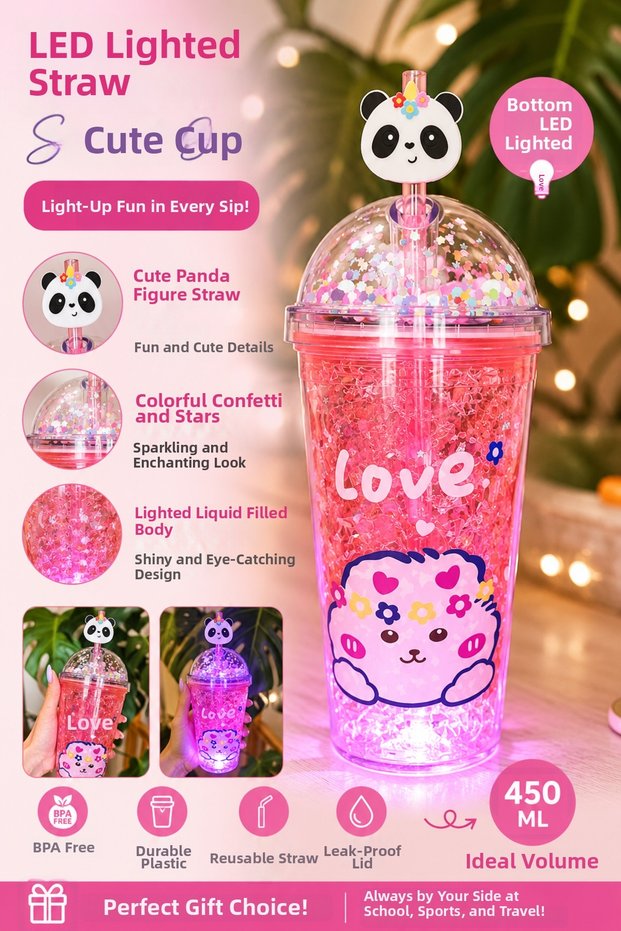 Led Lighted Water Cup with Cat Image and Love Writing, Pink Color, 450 ml