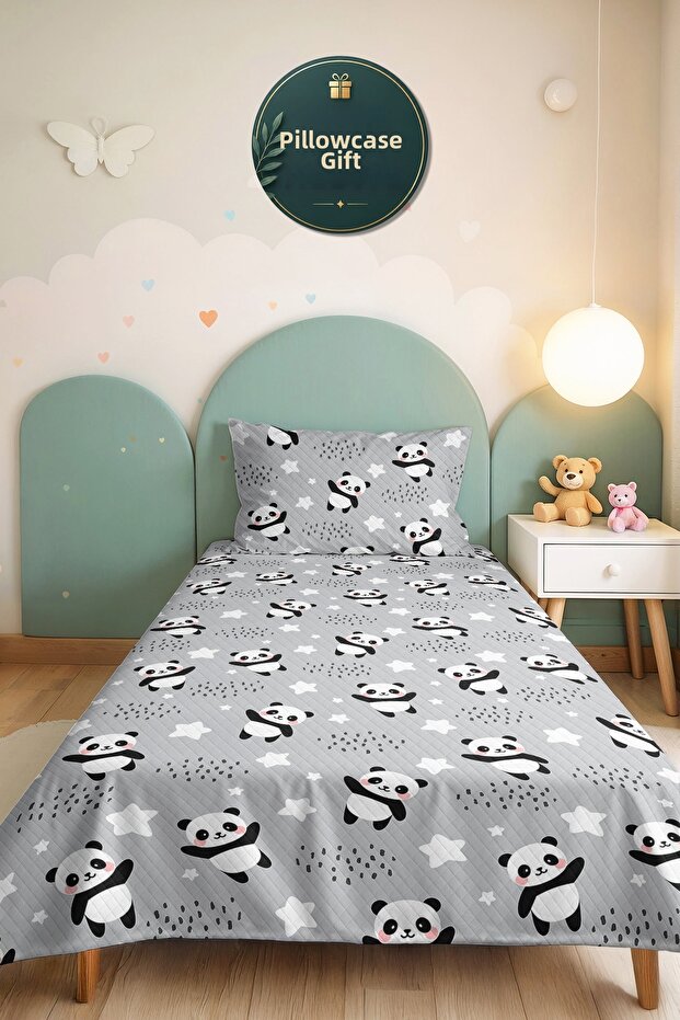 Gray Panda Star Boys' Room Single Pique Set - Cute Modern 160X220 cm Bedspread