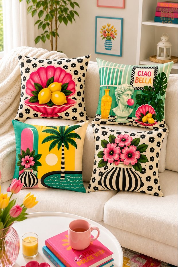 Ays Home Bella Black and White Colored Lemon Maximalist Patterned 4-Piece Pillowcase Set