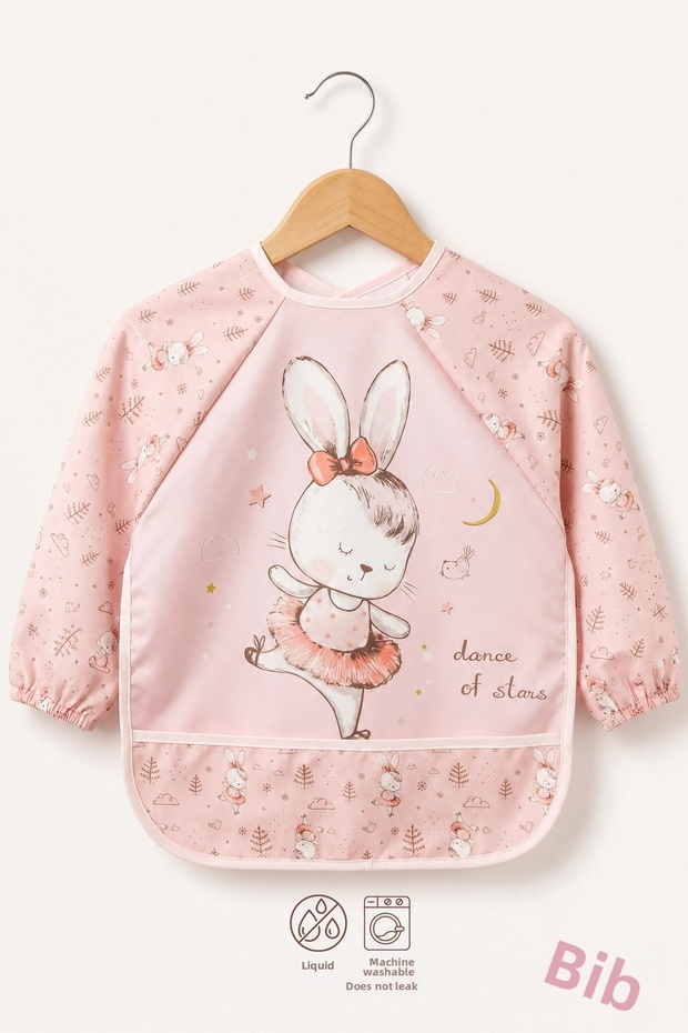 Long Sleeve Waterproof Baby Food and Activity Bib with Pockets - Ballerina Rabbit Pattern 6-24 Months