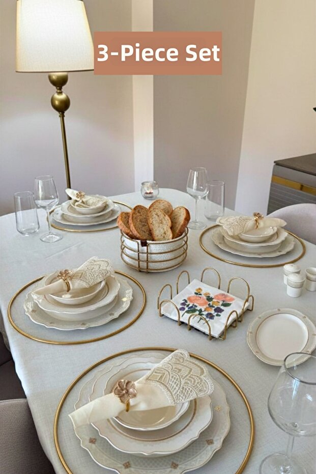 Set of 3 Shiny Gold 6-Piece Supla Square Napkin Holder Round Bread Basket Kitchen Set