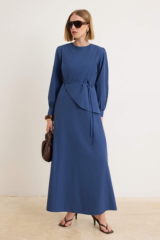 Indigo Kuşaklı Astarsız Düz Dokuma Elbise&Tulum Terrycotton Tesettür Elbise TCTSS23EB00360