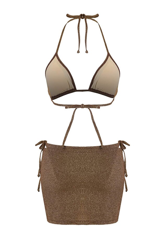 Kahverengi Simli Üçgen Kaplı 3'lü Set Bikini Takımı TBESS26BT00186 - 4