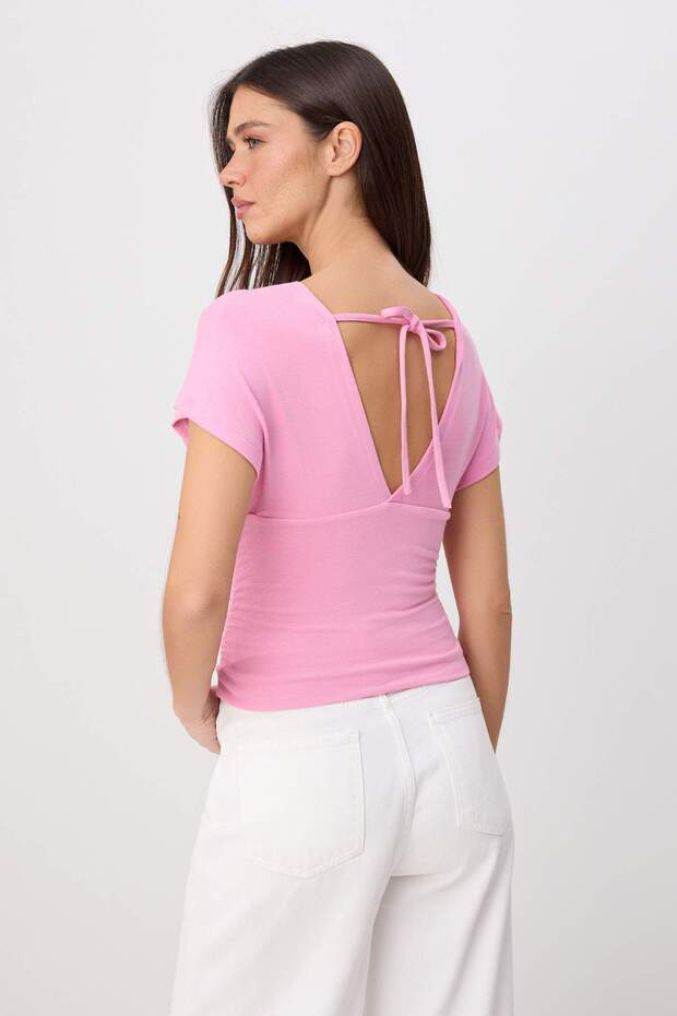 Pembe Fitted/Vücuda Oturan Büzgü/Drape Detaylı Örme Bluz TWOSS25BZ00605 - 4