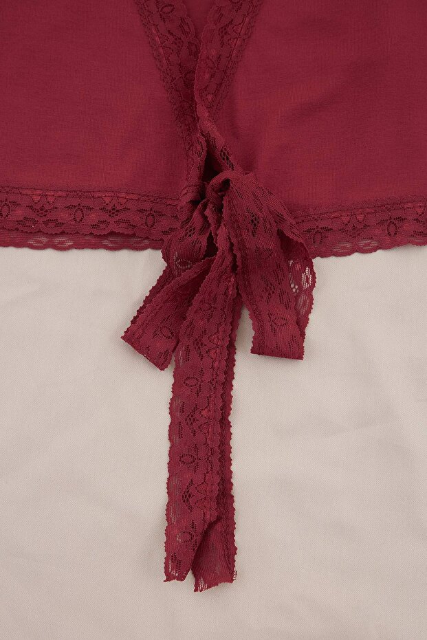 Bordo Kruvaze Dantel Detaylı Viskon Örme Pijama Takımı THMSS26PT00061 - 6