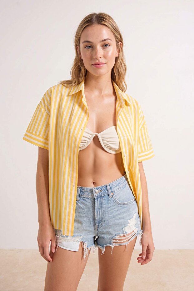 Çizgili Dokuma Oversize 100% Pamuk Plaj Gömlek TBESS26GO00011 - 1