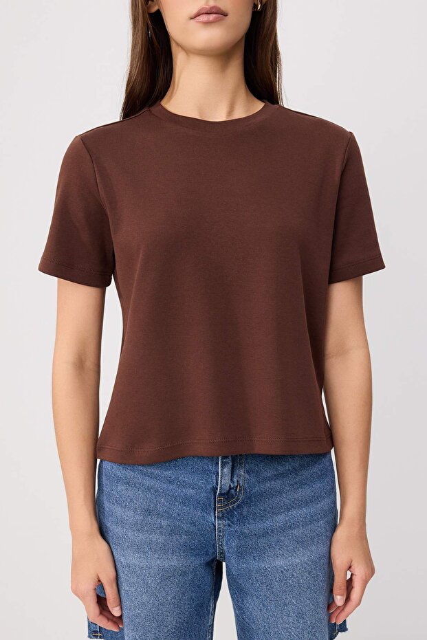 Taş-Kahverengi Kalın Pamuklu Tok Kumaşlı Regular Kesim Örme T-Shirt Örme T-Shirt TWOSS26TS00302 - 6