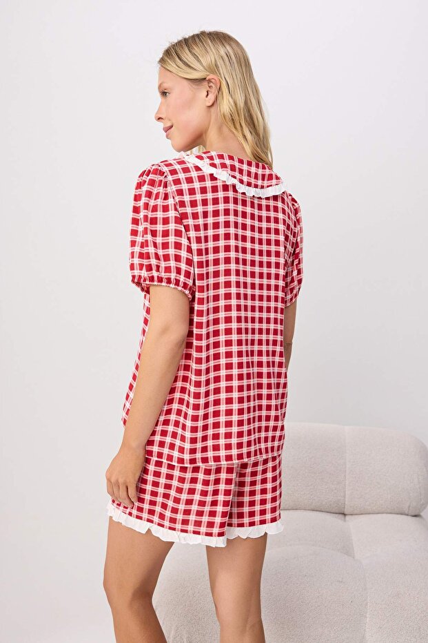 Kırmızı Baskılı Shally Dokuma Pijama Takımı THMSS26PT00146 - 4