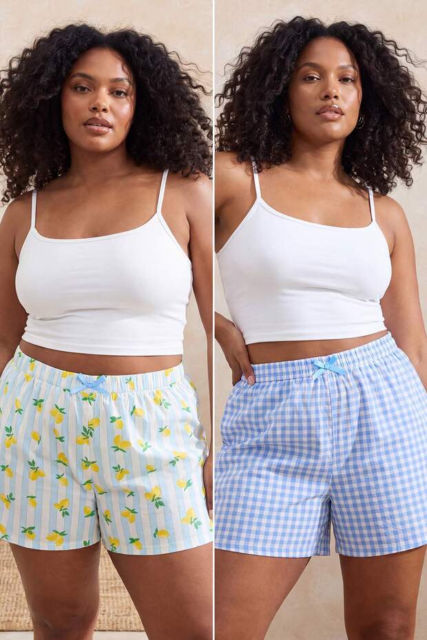 Çok Renkli Limon/Ekose Desenli Fiyonklu Örme 2'li Büyük Beden Pijama Altı TBBSS26IA00014