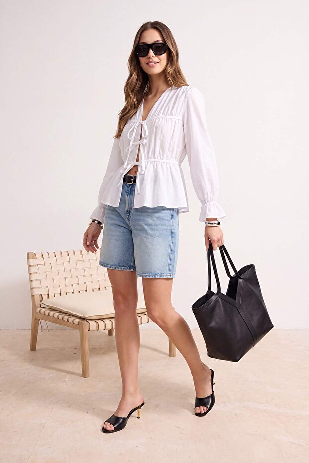 White Checked V-Neck Blouse with Front Tie Detail Twoss25Bz00349