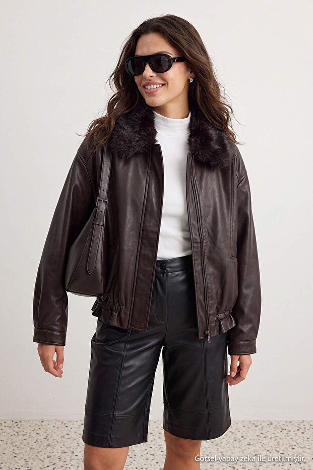 Brown Oversize Faux Leather Coat with Fur Lining and Collar Twoaw27Mo00045