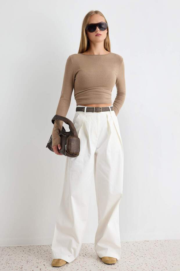 Beyaz Kalın Kumaş Wide Leg/Geniş Paça Pantolon | TWOSS26PL00019 - 2