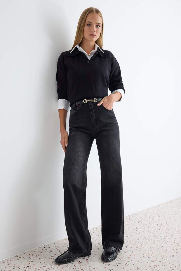 Siyah Yüksek Bel Wide Leg Geniş Paça %100 Pamuk Non-Stretch Jeans TWOSS25JE00060 - 2