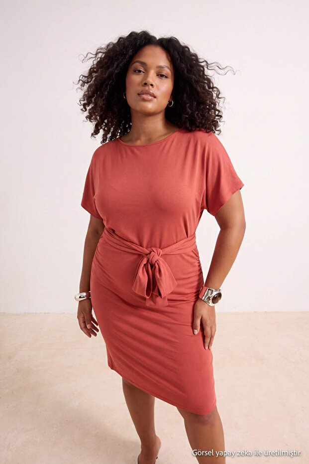 Tile Bodycon Asymmetrical Collar Tie Detail Short Soft Knitted Plus Size Dress Tbbss26Ah00319