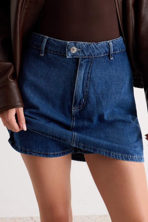 Koyu Mavi More Sustainable Yüksek Bel Mini Denim Şort Etek TWOSS25SR00079 - 3