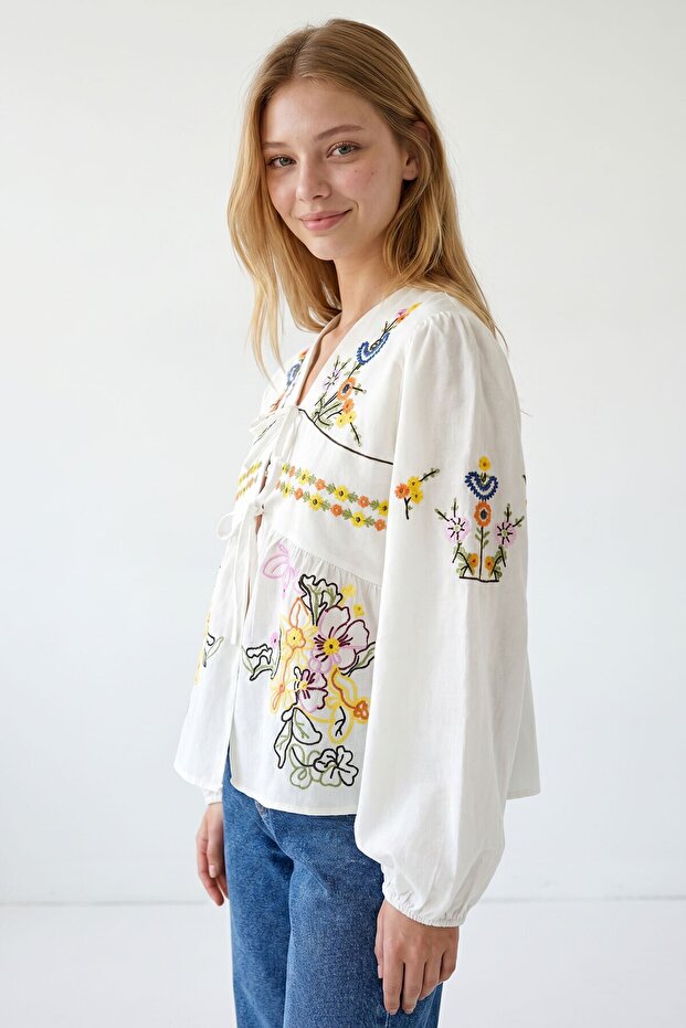 Women's Ecru V-Neck Embroidered Woven Blouse with Tie Detail
