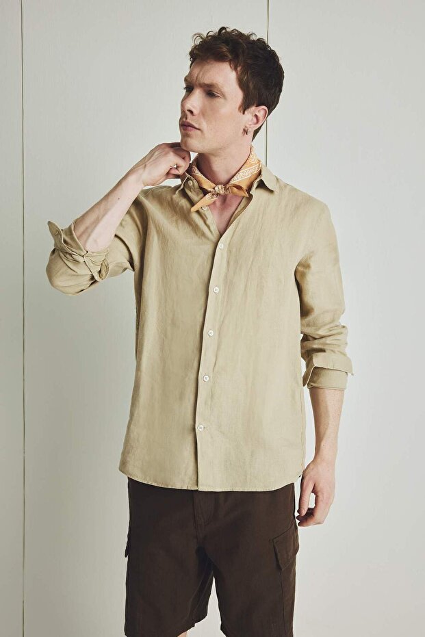 100% Linen Regular Fit Polo Neck Summer Long Sleeve Shirt D9925Ax25Sp