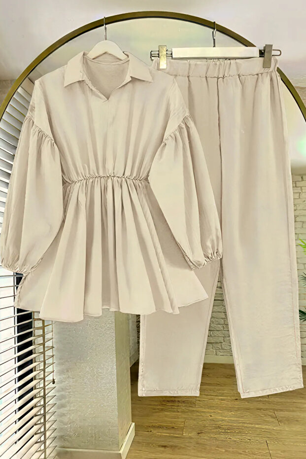 Laria Cream Tesettür Top and Bottom Set