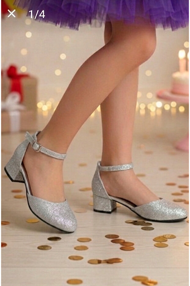 Silver Color Heeled Children's Shoes