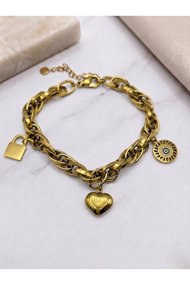 Steel Gold Evil Eye Heart Lock Bracelet
