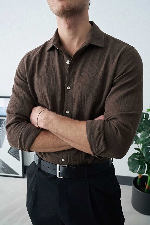 Men's Brown Oversize Relaxed Fit Premium Summer Textured Long Sleeve Muslin Shirt