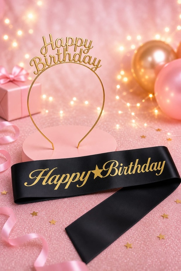 Happy Birthday Written Metal Crown and Sash & Black Gold Sash Gold Crown