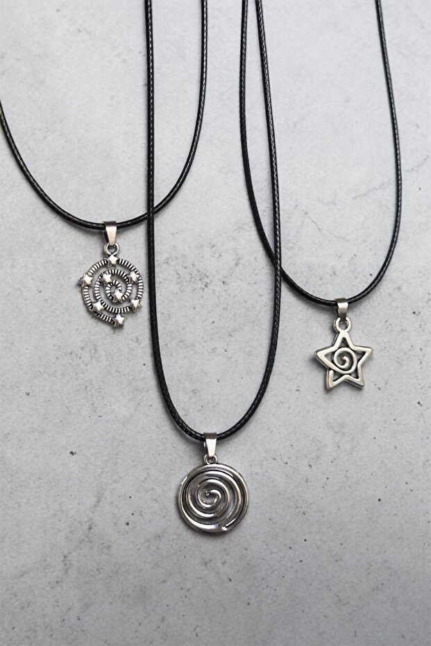 3-Piece Spiral Star Detailed Leather Cord Necklace Set - Spiral Vortex Star Necklace Set