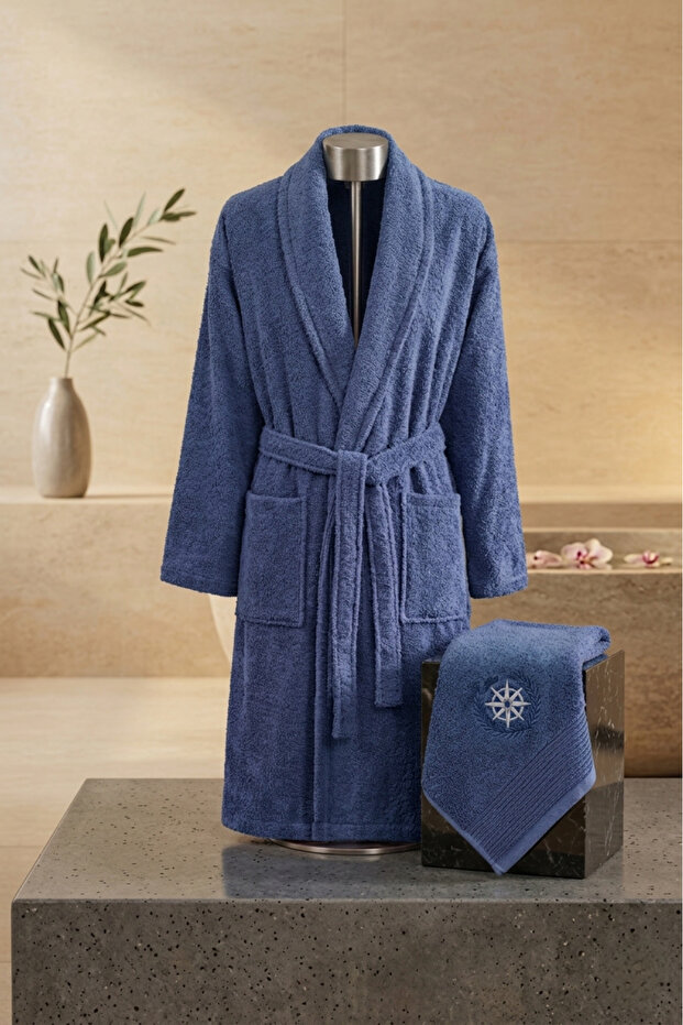Venti 100% Cotton Soft 2-Piece Bathrobe Towel Set with Embroidery - Hair Towel Set / Dowry Set / Turkish Bath Set