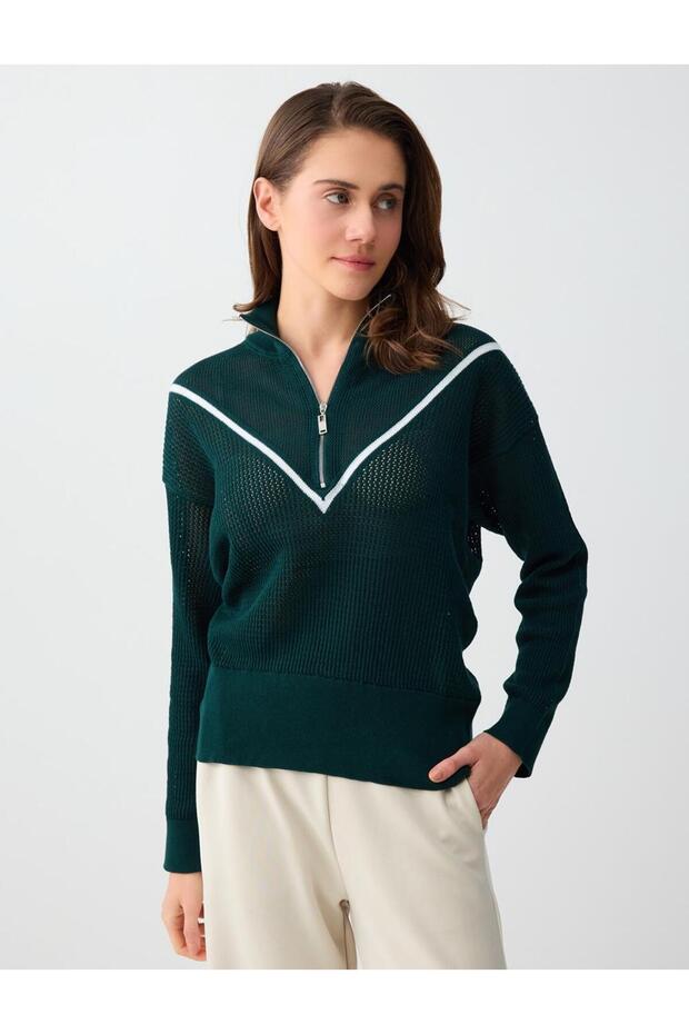 Dark Green Relaxed Fit High Neck Zippered Knit Sweater