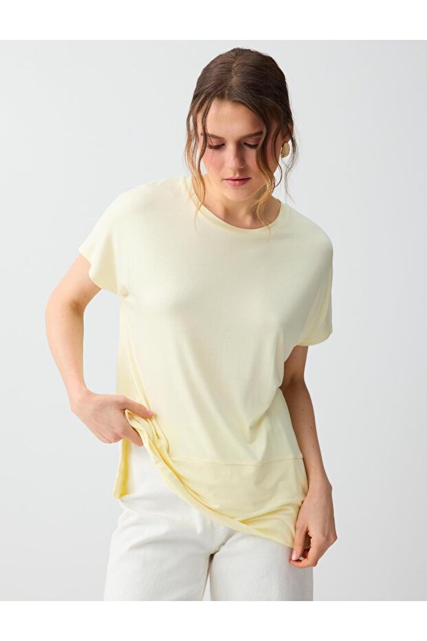 Light Yellow Relaxed Fit Round Neck Off Shoulder Knitted Blouse
