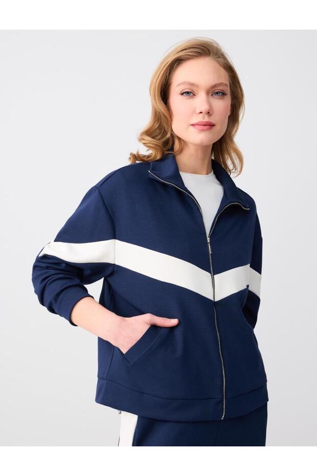 Navy Blue Relaxed Fit Modal Knitted Jacket with Pocket Detail